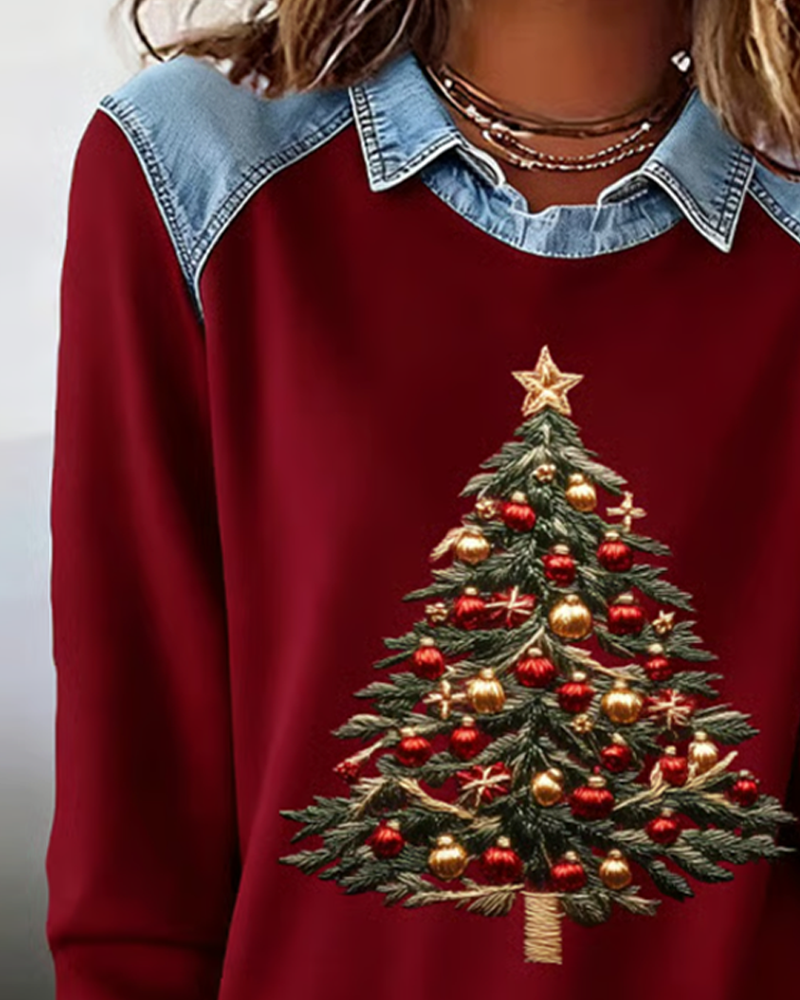 Denim Patchwork Christmas Print Sweatshirt