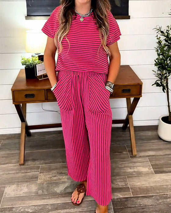 Round Neck Striped Elastic Waist Pocket Set