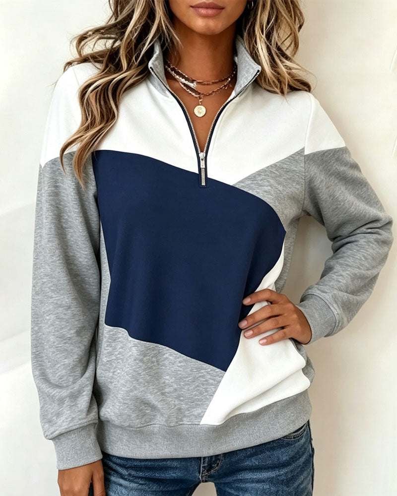 Geometric Color-Block Zip Sweatshirt