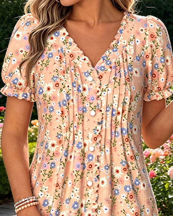Floral V-Neck Bubble Sleeve Shirred Dress