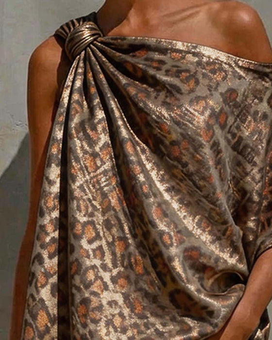 Gold Foil Leopard One-Shoulder Twist Blouse
