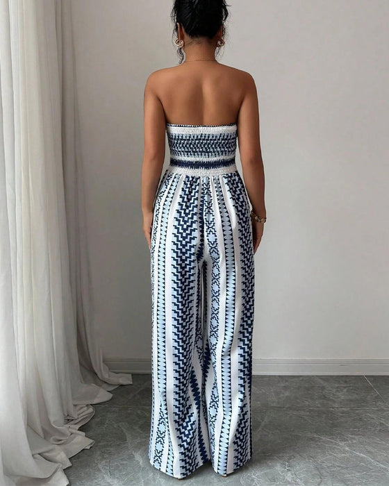 Geometric Bandeau Slit Wide Leg Jumpsuit