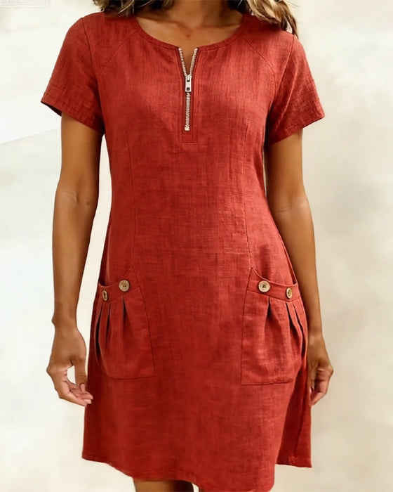 Zipper Pocket Cotton Linen Dress