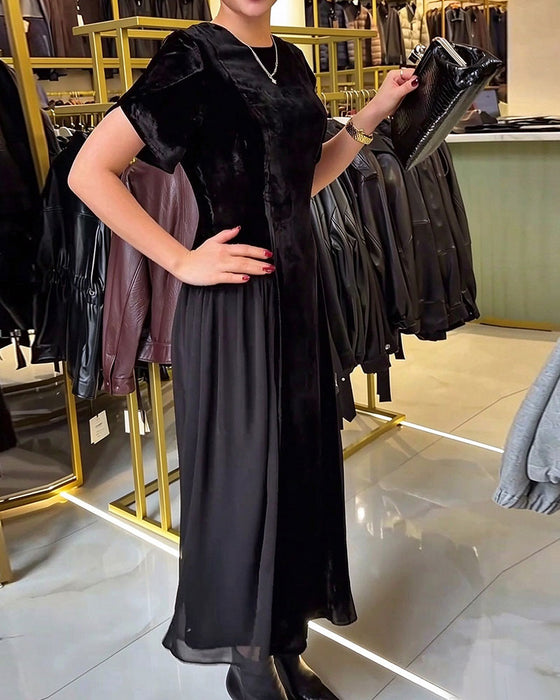 Round Neck Pleated Slim Fit Large Skirt Dress