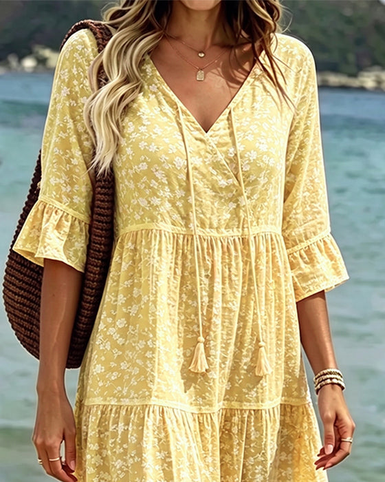 Tie V-Neck Ruffle Floral A-Line Dress