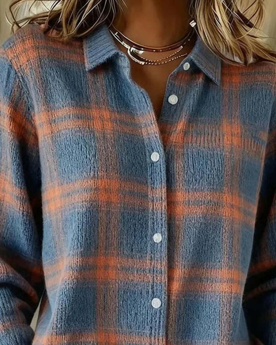 Plaid Shirt Collar Buttoned Cardigan