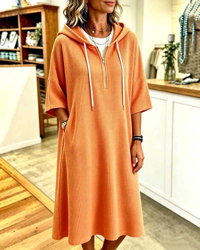 Zip Waffle Hooded Three-Quarter-Sleeve Dress