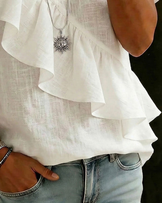 V-Neck Short-Sleeve Ruffled Blouse