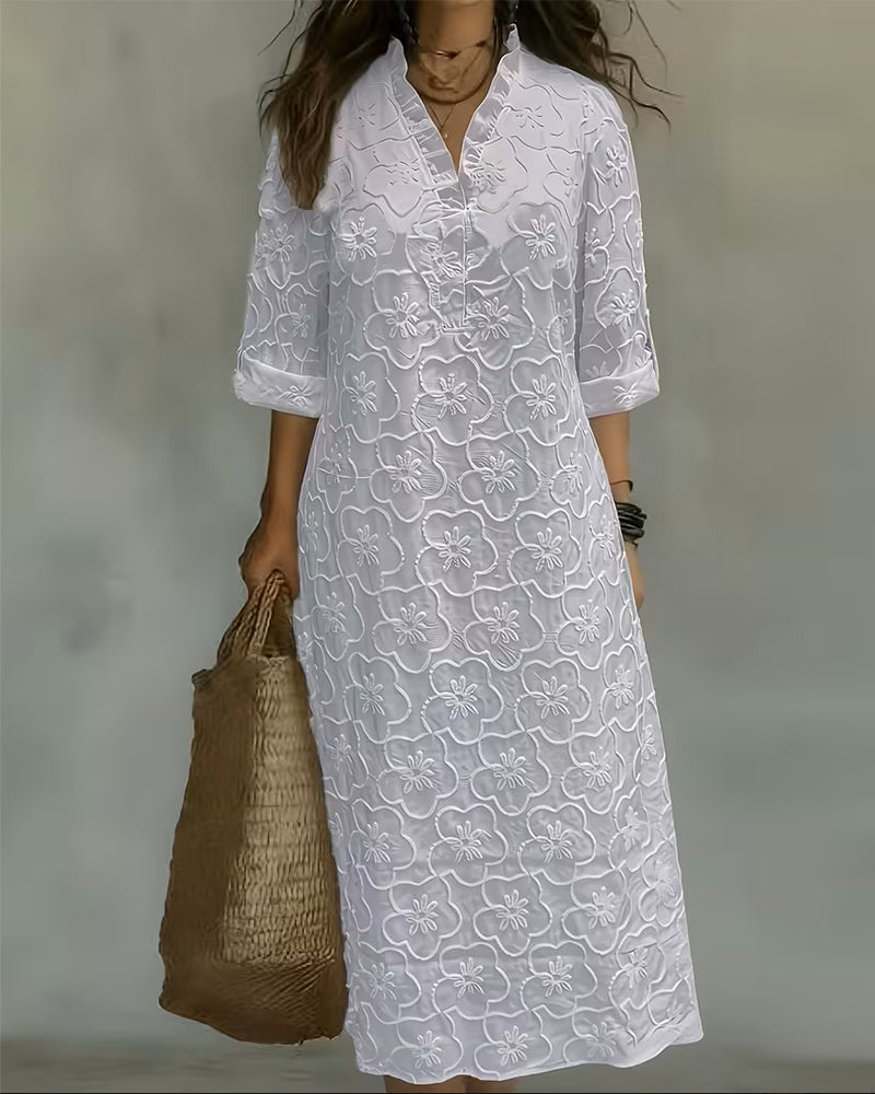 V-Neck Lace Trim Solid Dress