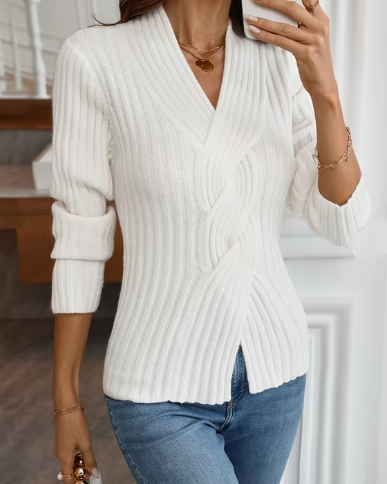 V-Neck Ribbed Cross Long-Sleeved Pullover