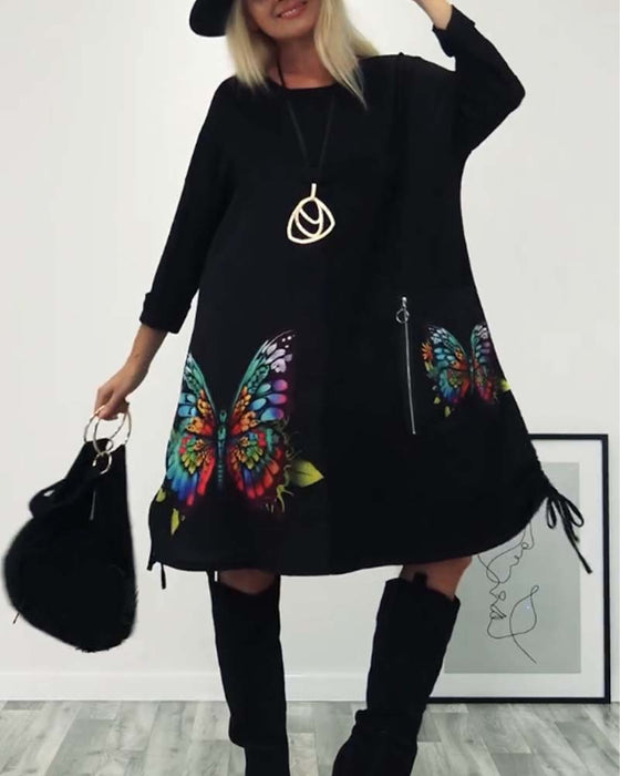 Butterfly print pocket long sleeve dress