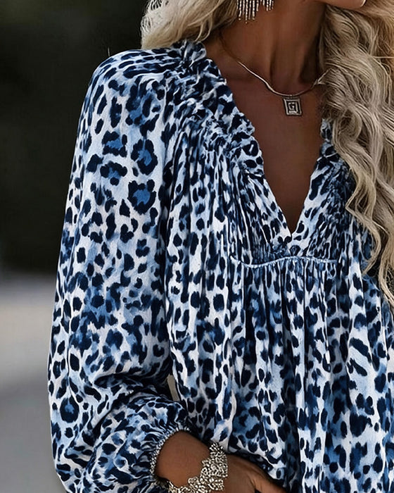 V-Neck Leopard Print Ruffled Puff Sleeve Blouse