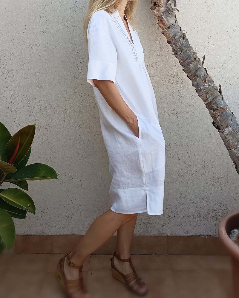 V-Neck Pleated Cotton And Linen Dress