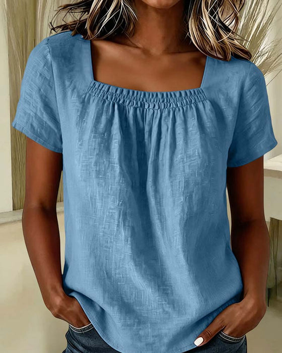 Square Neck Shirred Short Sleeve Blouse