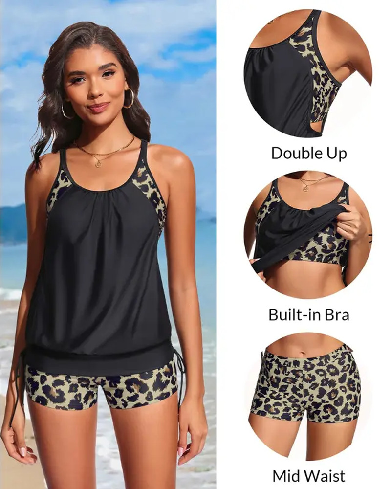 Sleeveless Leopard Patchwork Drawstring Tankini