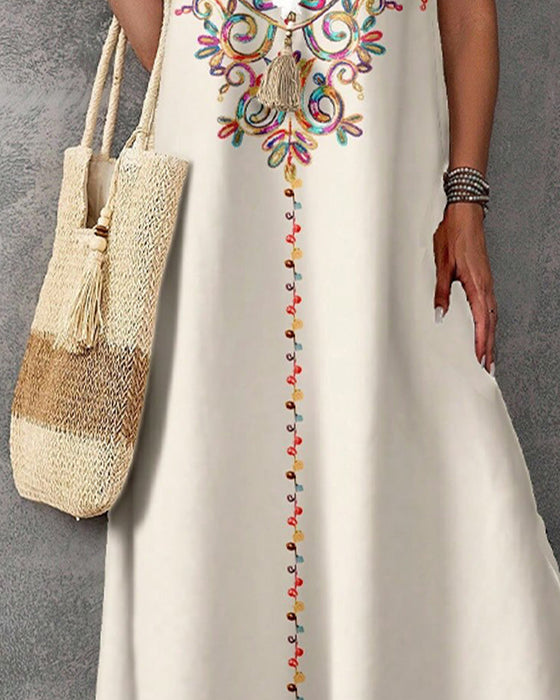 Ethnic Style Print Sleeveless Slit Long Dress
