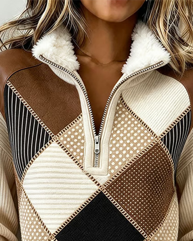 Collar Zip-Up Striped Diamond-Pattern Sweatshirt