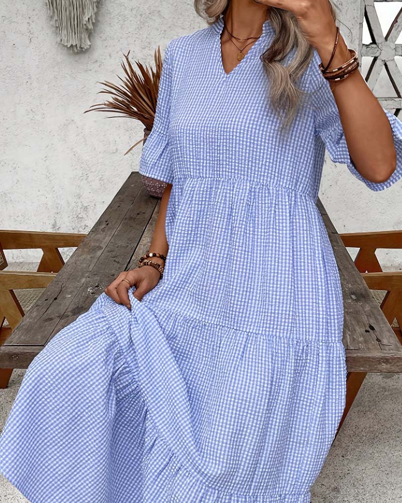 Blue White Gingham V-Neck Dress