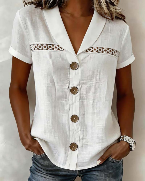 V-Neck Button Cutout Solid Blouse
