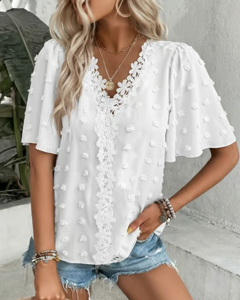 Spliced Jacquard Ruffle Sleeve Blouse