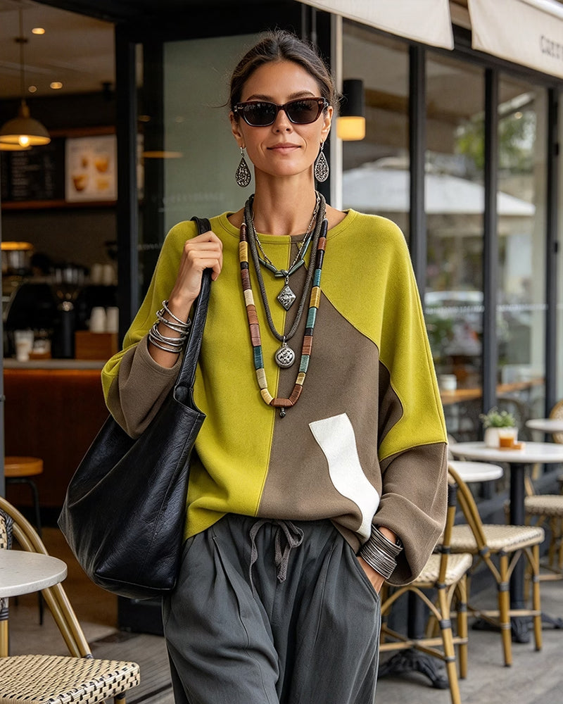 Crew Neck Raglan Sleeve Color-Block Top