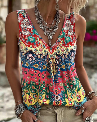 Ethnic Print V-Neck Sleeveless Tank Top