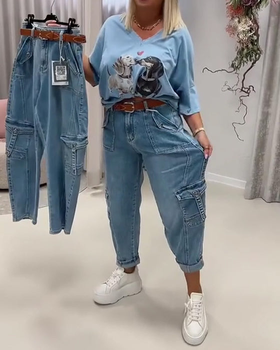 High Waist Cargo Style Jeans