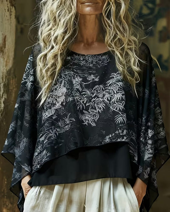 Botanical Print Batwing-Sleeve Blouse