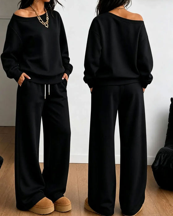 One Shoulder Casual Sweatshirt Long Pants Set