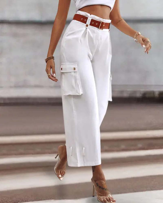 Solid color pocket casual cargo pants