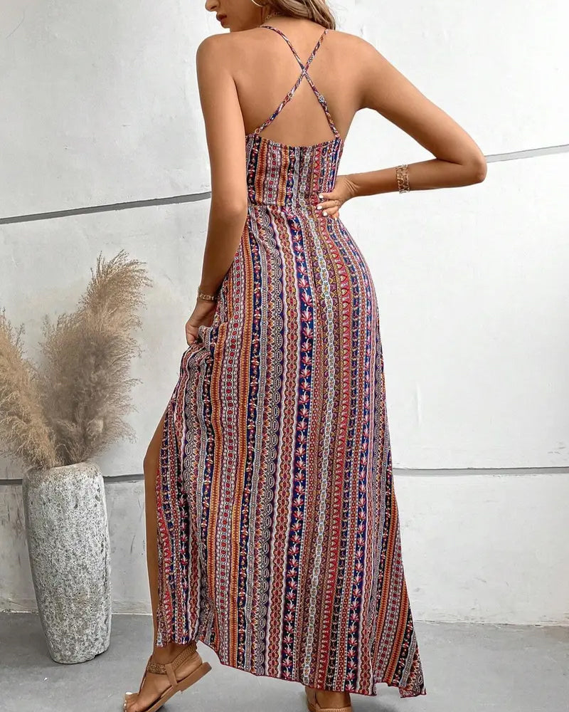 Spaghetti Strap Print Beach Slit Dress