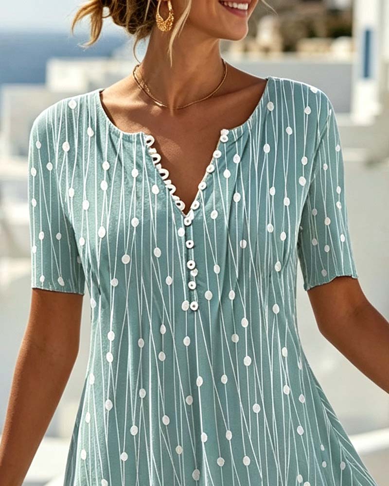 V-Neck Button Polka-Dot Striped Dress