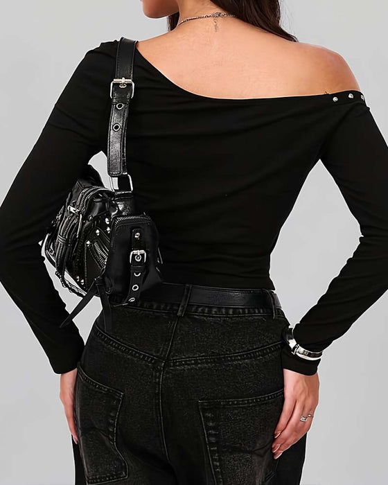 Off-Shoulder Studded Waist-Cinching Slim-Fit Top