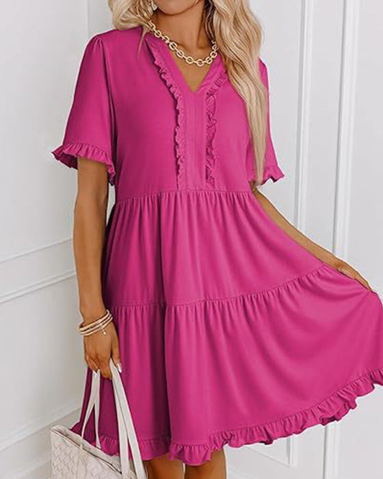 Ruffle Trim V-Neck Tiered Hem Dress