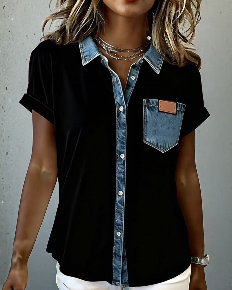 Denim Patchwork Turn-Down Collar T-Shirt