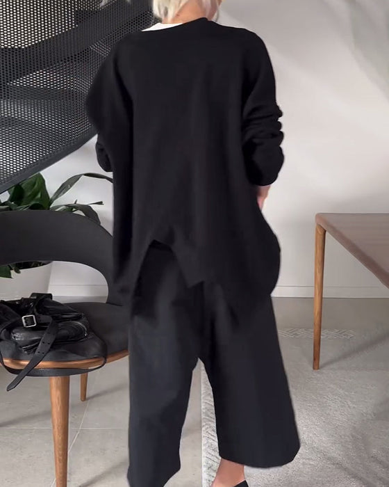 Solid color casual round neck slit sweatshirt