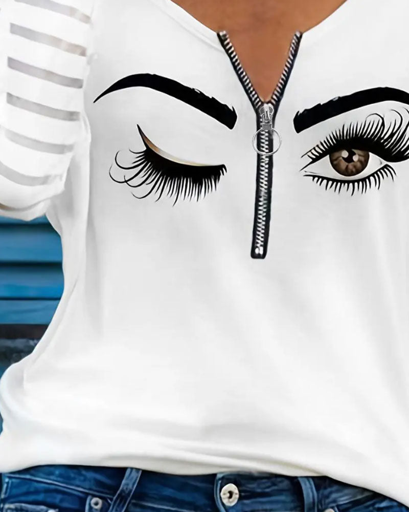 Printed Striped Patchwork Half-Zip Top