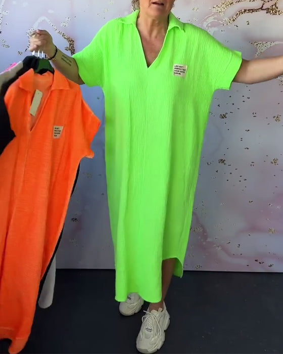 V-Neck Pleated Solid Color Long Dress