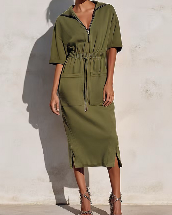 Zip Lapel Waist Pocket Dress