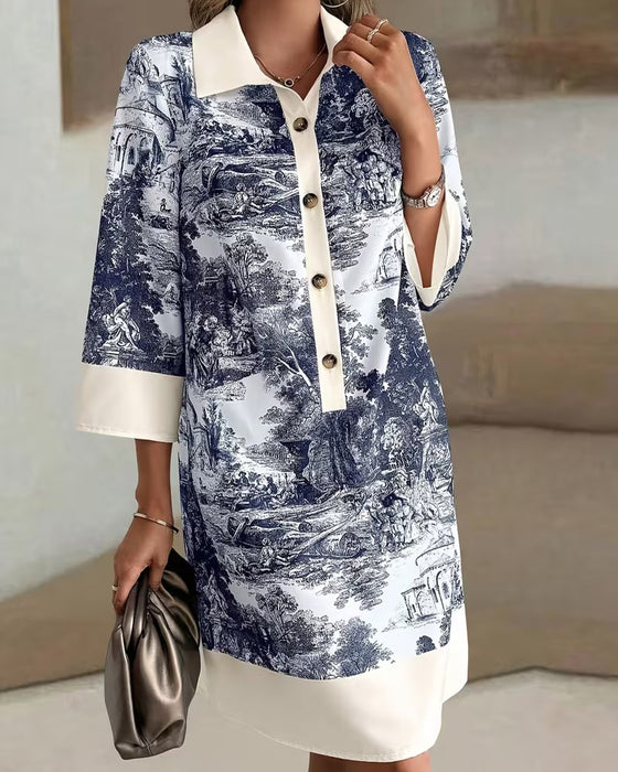 Ink-Wash Print Button Dress