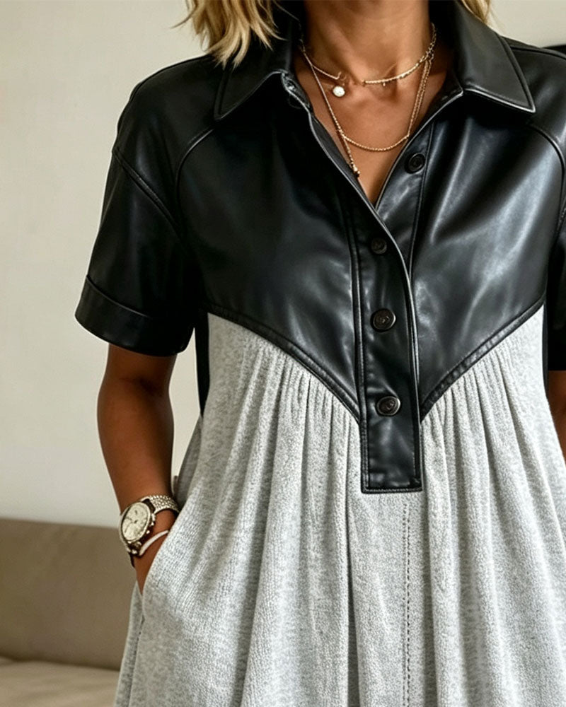 PU Leather Patchwork Short Sleeve Shirt Dress