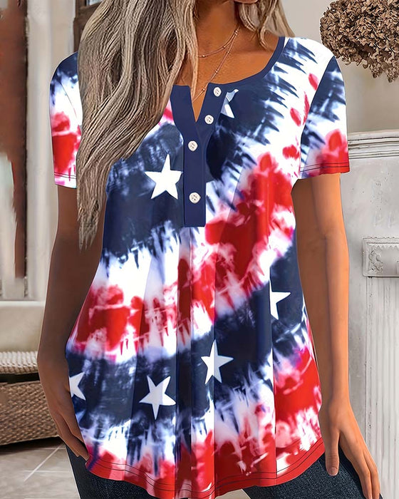 Tie-Dye Henley Short-Sleeve Blouses