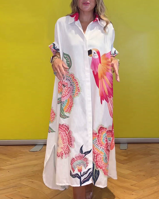 Women's lapel long printed dress