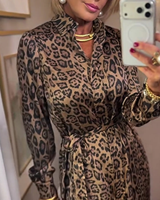 Leopard Print Slit Long Sleeve Dress