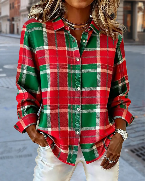 Long-Sleeved Lapel Plaid Shirt