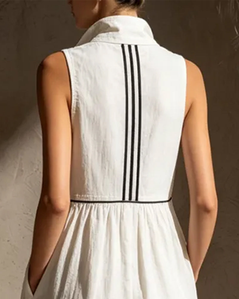Stand Collar Deep V-Neck Sleeveless Dress