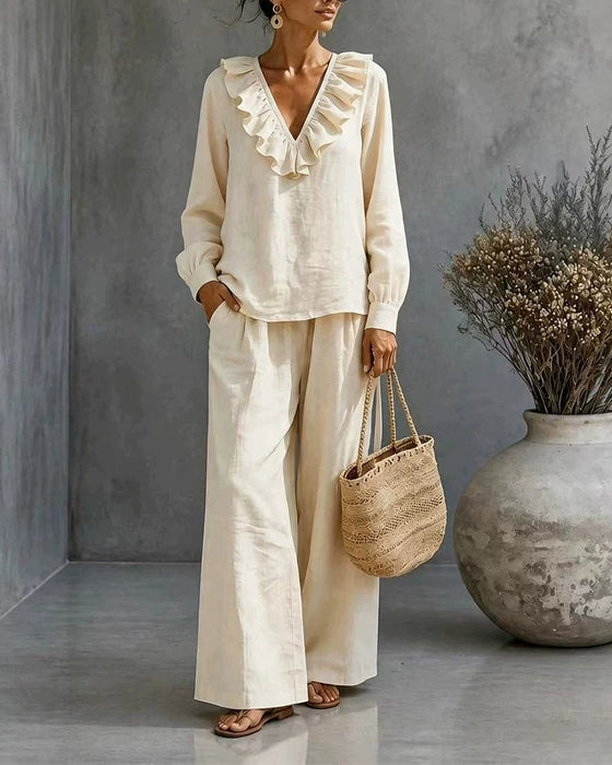 Ruffled V-Neck Long Sleeve Set