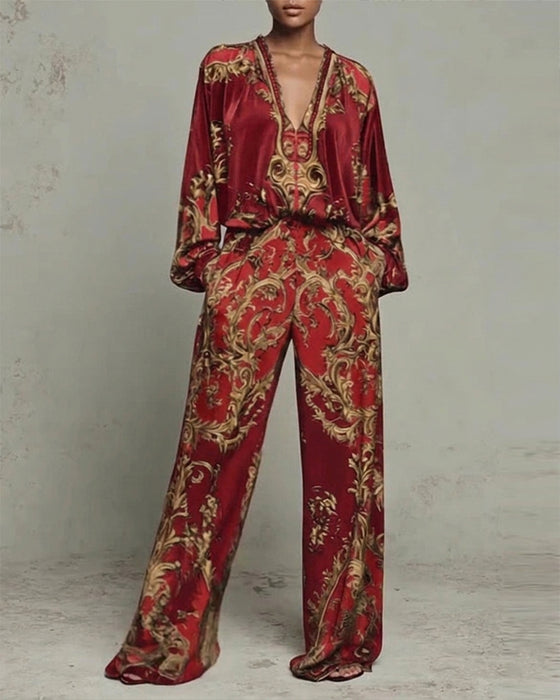 V-Neck Lantern Sleeve Wide Leg Pant Set