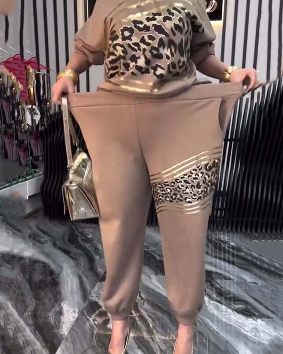 Leopard Print Casual Sweatshirt Set