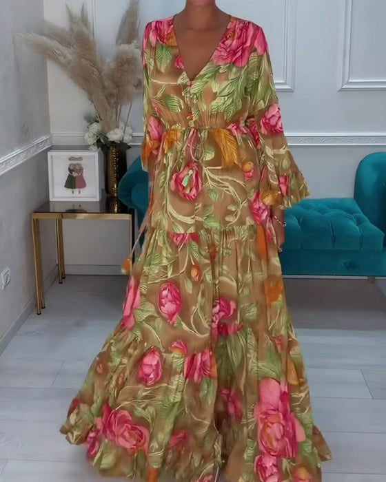 V-Neck Full Skirt Floral Dress